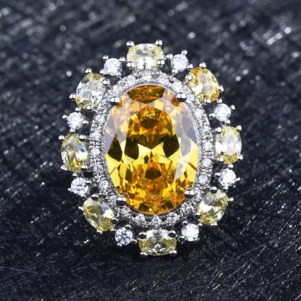 New Silver Round Amber Diamond Adjustable Ring